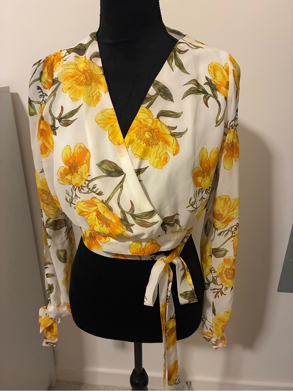 FAVLUX Cream Floral Wrap Crop Top with Yellow Blooms